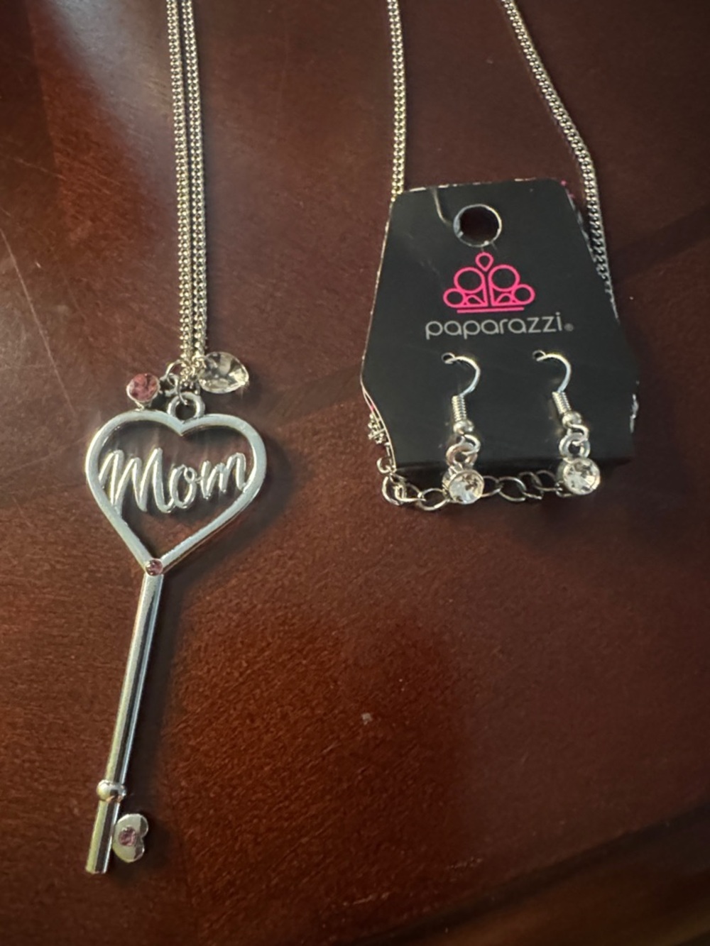 Paparazzi Silver Mom Key Pendant Necklace and Crystal Drop Earrings NWOT